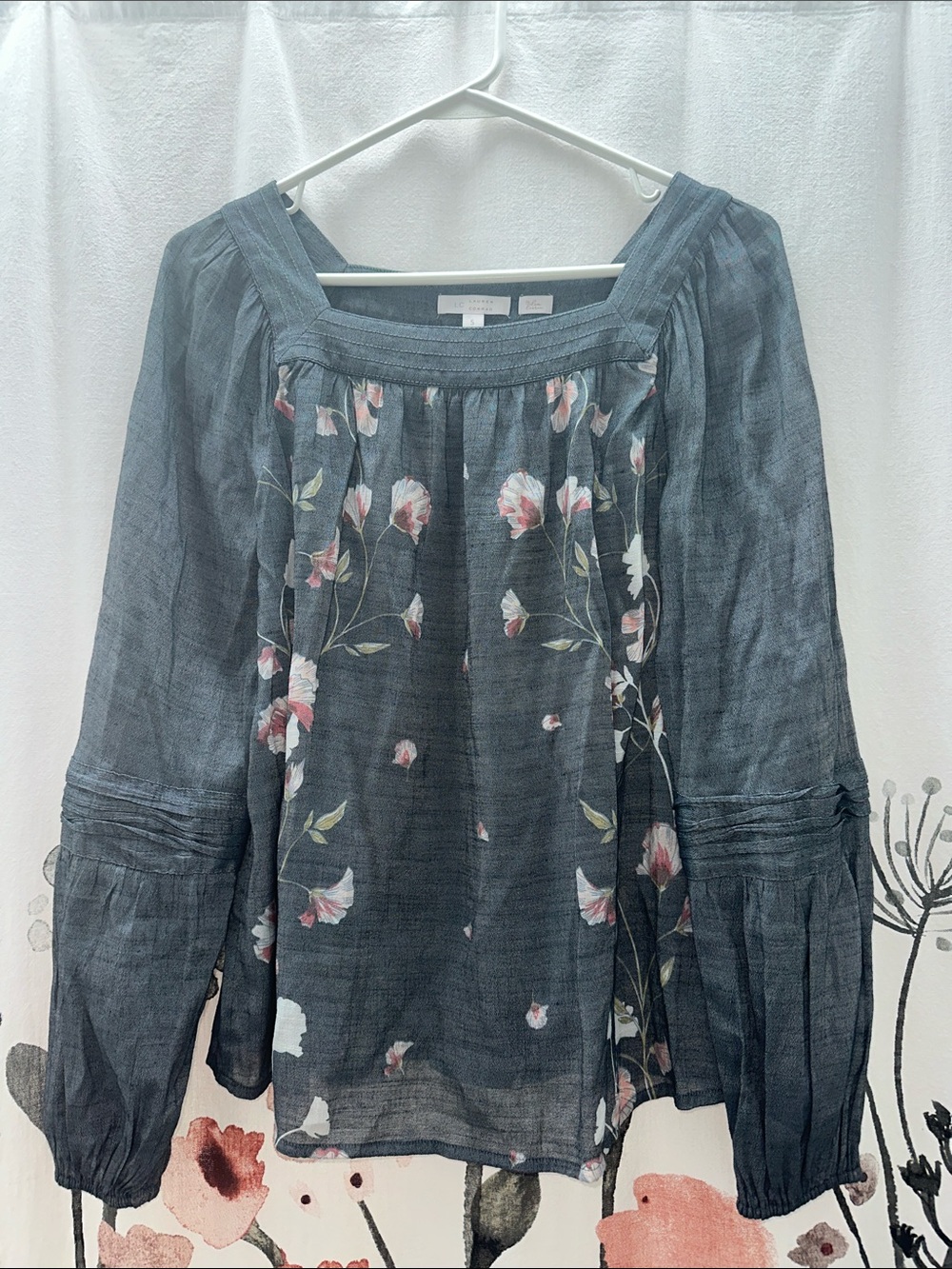 LC Lauren Conrad Charcoal Floral Square-Neck Blouse with Pink Floral